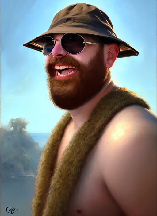 Prompt: a _ fantasy _ style _ portrait _ painting _ of chubby white male with bucket hat circle face and circle glasses smiling, rough beard, oil _ painting _ unreal _ 5 _ daz. _ rpg _ portrait _ extremely _ detailed _ artgerm _ greg _ rutkowski _ greg