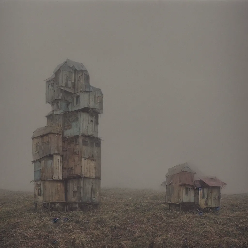 Image similar to two towers, made up of makeshift squatter shacks with pastel colours, uneven dense fog, dystopia, mamiya rb 6 7, fully frontal view, very detailed, photographed by jeanette hagglund