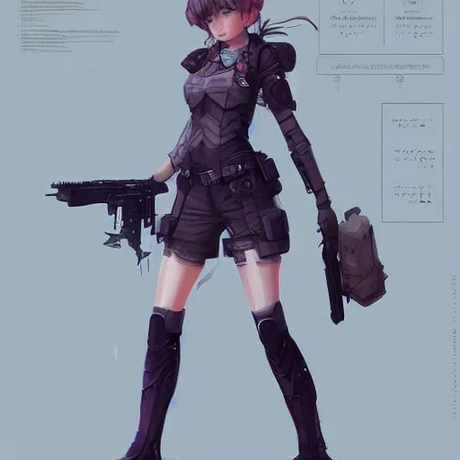 Image similar to character sheet of a incredibly cute and lovely girl weaponry expert, digital art by wlop. character design concept art. artstation contest winner, blade runner, scifi, candy girl