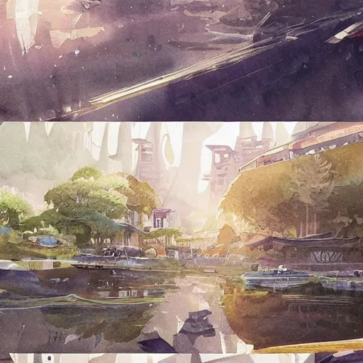 Image similar to Beautiful happy picturesque charming sci-fi town in harmony with nature. Beautiful light. Water and plants. Nice colour scheme, soft warm colour. Beautiful detailed artistic watercolor by Vincent Bons. (2022)
