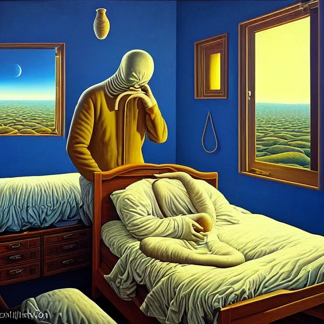 Image similar to an oil on canvas portrait of a man waking up and the sun is shining through the window, surrealism, surrealist, lovecraftian, cosmic horror, rob gonsalves, high detail