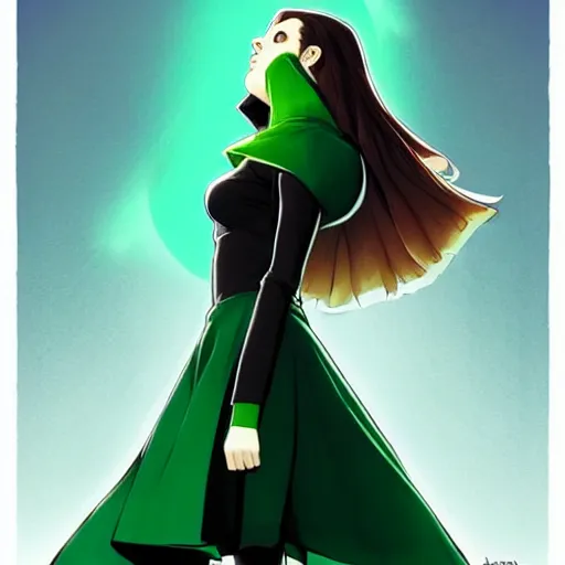Prompt: Phil Noto comic art, artgerm, eiichiro oda, pixiv, concept art, digital painting, cinematics lighting, beautiful Anna Kendrick supervillain Enchantress, green dress with a black hood, angry, symmetrical face, Symmetrical eyes, full body, flying in the air over city, night time, red mood in background