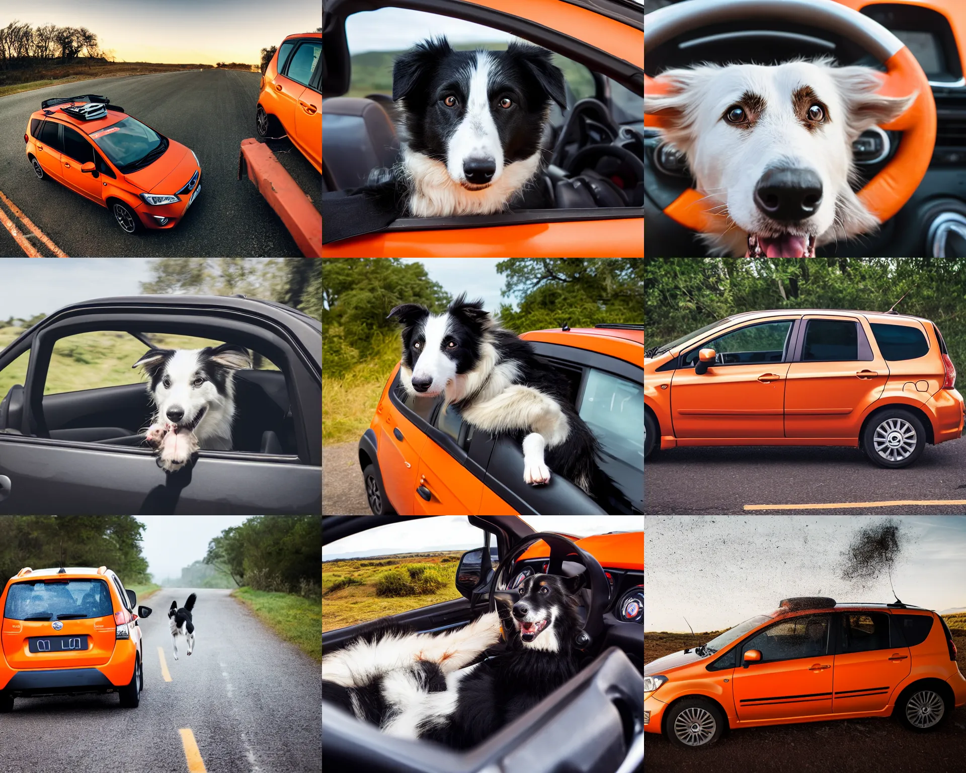 Prompt: border collie dog in the driver's seat of an orange nissan note, paws on wheel, car moving fast, rally driving photo, award winning photo, golden hour,