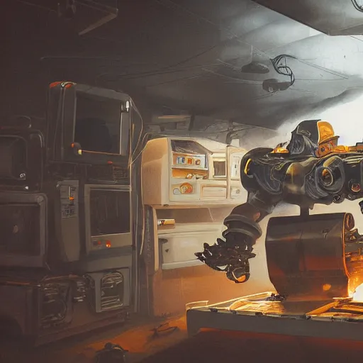 Image similar to head of toaster oven mecha, dark messy smoke - filled cluttered workshop, dark, dramatic lighting, orange tint, cinematic, highly detailed, sci - fi, futuristic, movie still