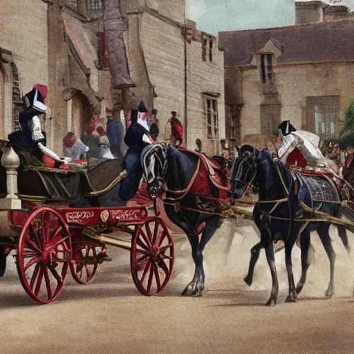 Image similar to lady catherine de bourgh from pride and prejudice drives her barouche box pulled by two horses on the formula 1 circuit of le mans. cinematic, technicolor, highly intricate