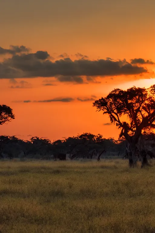 Prompt: A sprawling savannah at golden hour, as the sun sets on the horizon, in the style of gage taylor