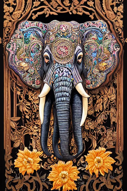 Prompt: Painted dark-wood panel relief carving of a close up of a Flowerpunk Matriarch Elephant, ornate border frame, explosion of colorful flowers, dark wood, intricately carved, black ink, festival of rich colors, intricate details, cinematic lighting, volumetric lighting, post-processing, art nouveau, tarot, fractal art, mandala, by andreas rocha and john howe, and Martin Johnson Heade, featured on artstation, featured on behance, golden ratio, hyper detailed, photorealistic, epic composition, center spotlight, f32, well composed, symmetrical, UE5, 8k