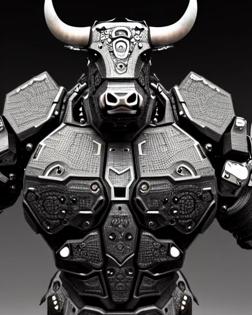 Prompt: a full body shot of an imposing cyborg bull modeled after a bull looking into the camera, contrast lighting, black skin!!!, intricate pattern, hard rubber chest, highly detailed, cyborg, full body shot, intricate, 3 d, symmetrical, octane render, fantasy, highly detailed, digital art, artstation, strong bokeh, black face, leering