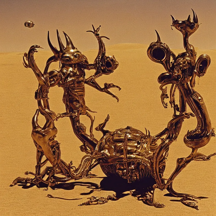 Image similar to salvador dali wearing a golden horned crown and jewels in a dry sand desert landscape, alien spaceship by giger, film still from the movie by alejandro jodorowsky with cinematogrophy of christopher doyle and art direction by hans giger, anamorphic lens, kodakchrome, very detailed photo, 8 k