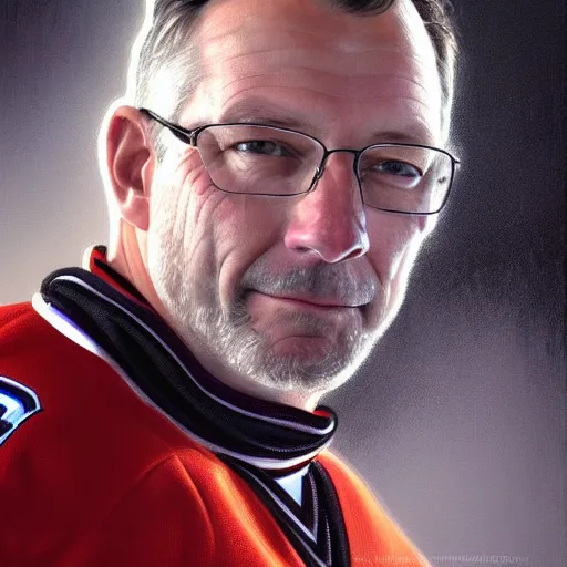 Image similar to beautiful portrait of hockey coach Clint Malarchuk, fantasy, intricate, elegant, highly detailed, digital painting, artstation, concept art, smooth, sharp focus, luxury fashion illustration, art by artgerm and greg rutkowski and alphonse mucha, brightly lit cinematic soft lighting, photorealistic