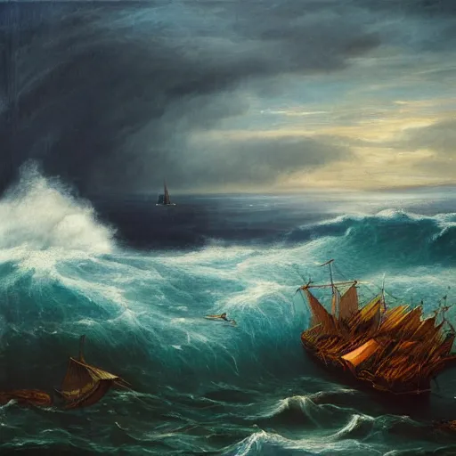 Prompt: stark oil painting, sailing ship at the edge of the world, man vs. nature, deep blue water, whitecap waves, point of no return, desperation, vivid, highly detailed, master renaissance painter, 4k scan