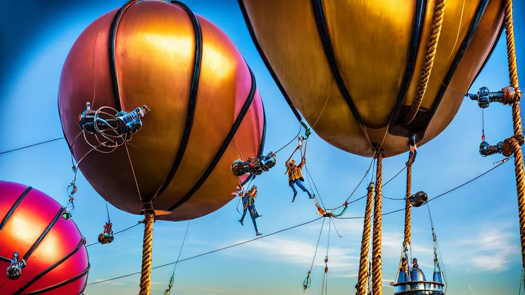 Prompt: large colorful futuristic space age metallic steampunk steam - powered balloons with pipework and electrical wiring around the outside, and people on rope swings underneath, flying high over the beautiful klaipeda in lithuania city landscape, professional photography, 8 0 mm telephoto lens, realistic, detailed, photorealistic, photojournalism