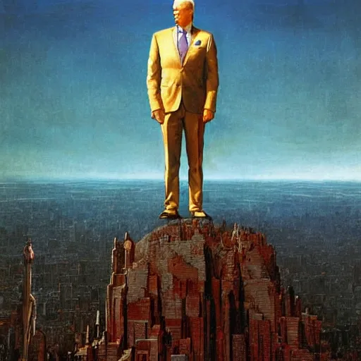 Image similar to immense, majestic, surreal, terrifying joe biden standing triumphant over the city, perfectly clear face, by j. c. leyendecker, bosch, and beksinski