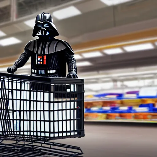 Image similar to A still of a Darth Vader shopping for groceries at Walmart with a shopping cart, 4k, 35mm, photograph, photoreal, ultra realistic, highly detailed, professional lighting