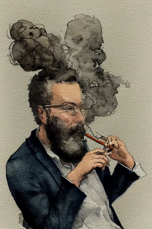 Image similar to portrait of a middle - aged writer with a beard, he is smoking a cigarette, watercolor style of greg rutkowski