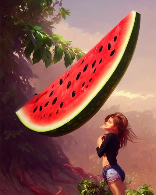 Image similar to an giant watermelon, cute pose, highly detailed, digital painting, artstation, concept art, smooth, sharp focus, illustration, art by artgerm and greg rutkowski and alphonse mucha