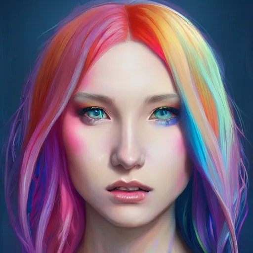 Image similar to portrait of beautiful symmetrical anime girl, rainbow hair, attractive, casual, modern, victoria's secret, highly detailed, digital painting, artstation, concept art, smooth, sharp focus, illustration, art by artgerm, greg rutkowski and alphonse mucha, 8 k,