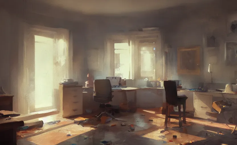 Image similar to a tidy study interior painting by Craig Mullins, octane rendering, warm moody lighting, wide angle lens, low view, in the style of Pixar animation, trending on artstation,