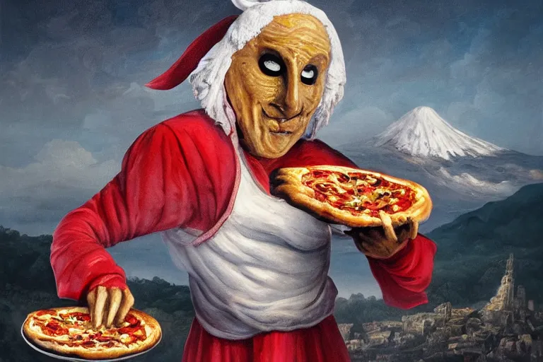 Image similar to a highly detailed pulcinella! holding a pizza! margherita, full body, volcano in background, lava and smoke, ominous, detailed painting by arturo faldi, trending on deviantart, octane, masterpiece