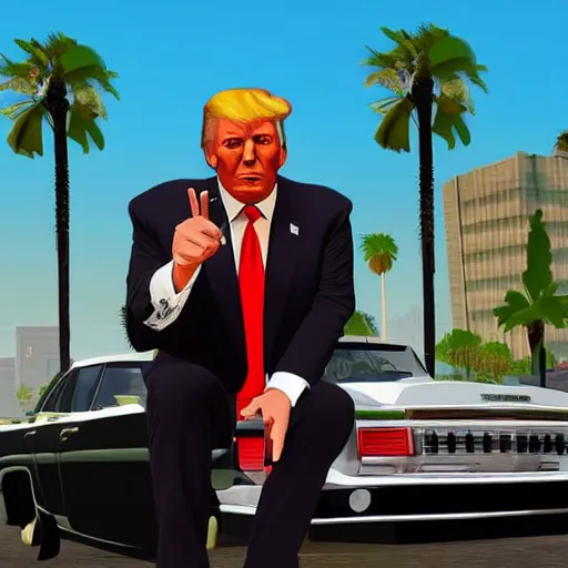 Image similar to Donald Trump in GTA V. Los Santos in the background, palm trees. In the art style of Stephen Bliss