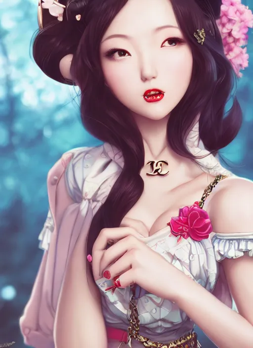 Image similar to a pin up and beautiful fashion dreamlke japan girl with lv jewelry, character art, art by artgerm, wlop, loish, hyperdetailed, 8 k realistic, symmetrical, global illumination, radiant light, frostbite 3 engine, cryengine, dof, trending on artstation, digital art, chanel, dior, detailed background