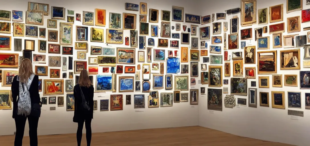 Prompt: Photo with 100 paintings in a museum