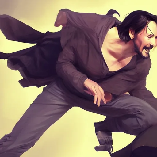 Image similar to character concept art of keanu reeves in a dynamic pose | cute - fine face, pretty face, realistic shaded perfect face, fine details by stanley artgerm lau, wlop, rossdraws, james jean, andrei riabovitchev, marc simonetti, and sakimichan, tranding on artstation