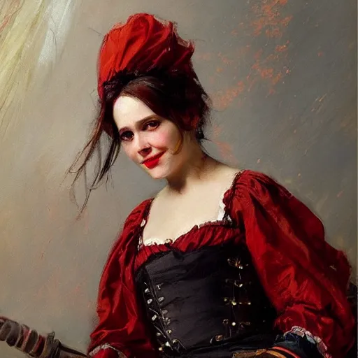 Image similar to Solomon Joseph Solomon and Richard Schmid and Jeremy Lipking victorian genre painting portrait painting of a happy young beautiful woman traditional german french actress model pirate wench in fantasy costume, red background