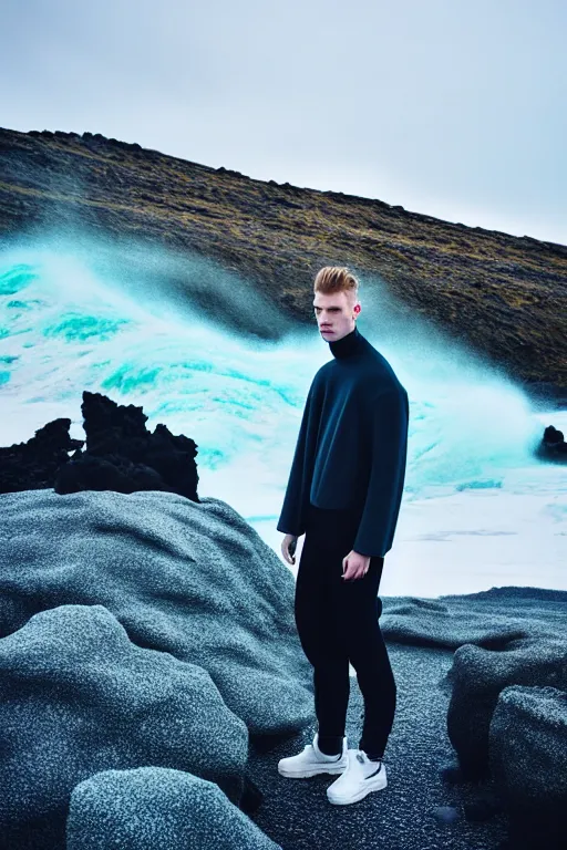 Prompt: high quality pastel coloured film wide angle selfie photograph of a male cyber model standing in an icelandic black rock environment. three point light. photographic. art directed. pastel colours. volumetric light. stark. rocks. waves. 8 k. filmic.