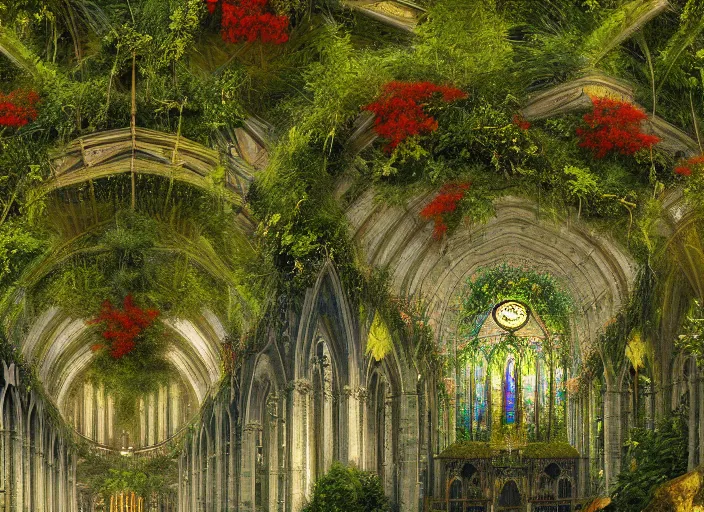 Image similar to An ultra-detailed illustration of a cathedral interior, high ceiling, overgrown with moss, colorful flowers and lush plants, vines hanging down from the tall ceiling, digital art, trending on Artstation, matte painting, detailed