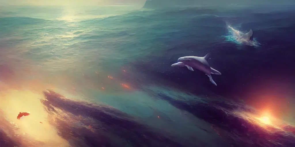 Prompt: astronaut in the ocean, whales are swimming on the sky, extremely detailed digital painting, in the style of Fenghua Zhong and Ruan Jia and jeremy lipking and Peter Mohrbacher, mystical colors, rim light, beautiful Lighting, 8k, stunning scene, raytracing, octane, trending on artstation