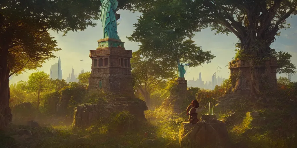 Prompt: a fantasy solarpunk statue of liberty, landscape illustration by greg rutkowski, bright sunlight, sun glints, vivid and colorful trees and plants and flowers, digital art, 8 k, trending on artstation