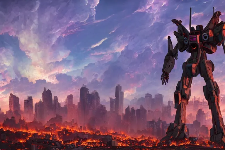 Prompt: landscape shot of a giant mech EVA standing in the ruins of a burning city at a distance, neon genesis evangeline, photorealistic highly detailed acrylic matte painting wide angle