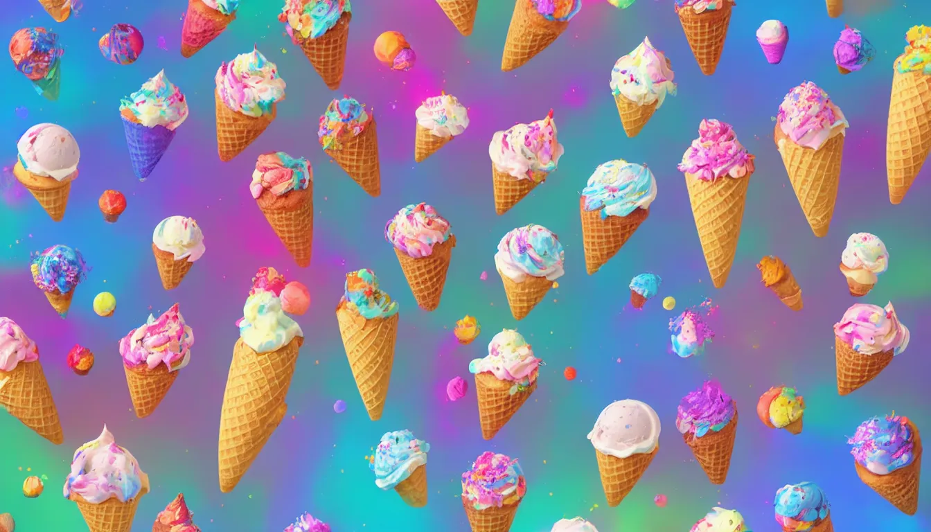 Prompt: ice cream cone cupcakes with cosmic colors in a beautiful cosmic dreamscape, digital art, concept art, detailed, lovely colors, art station 3 d, 4 k beautiful
