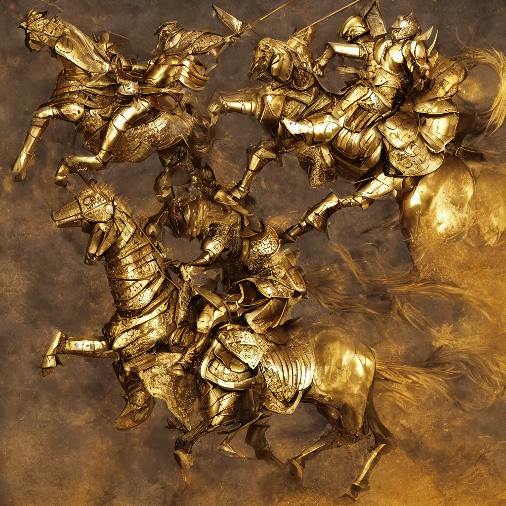 Image similar to a horse in golden armor and an armored knight with a spear riding on it, high resolution photo, dramatic