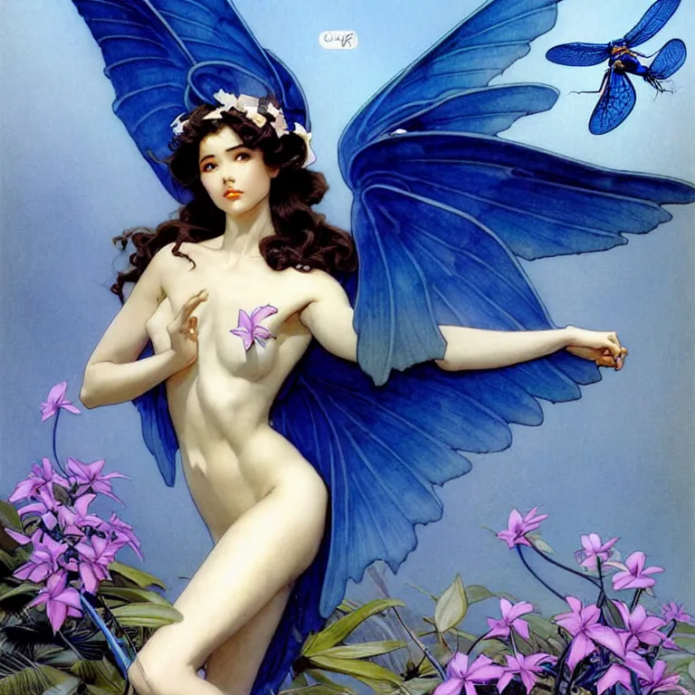 Prompt: harmony of a winged angel, a dark - haired nymph dressed in blue greek clothes, muted colors, bright flowers, tropical, sunlight penetrating through the skin, dynamic hair movement, dynamic pose, glowing dragonflies, j. c. leyendecker, alan lee, clap! illustrations by starember, fantasy art by craig mullins