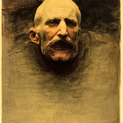 Image similar to turbulent, peaceful by frank weston benson, by abbott handerson thayer. a beautiful illustration of a giant head. the head is bald & has a big nose. the eyes are wide open & have a crazy look. the mouth is open & has sharp teeth. the neck is long & thin.