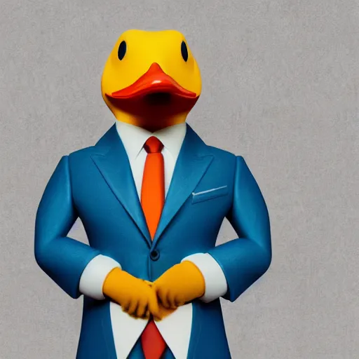 Image similar to a high detail photo of an antropomorphic duck wearing a suit, trending on artstation