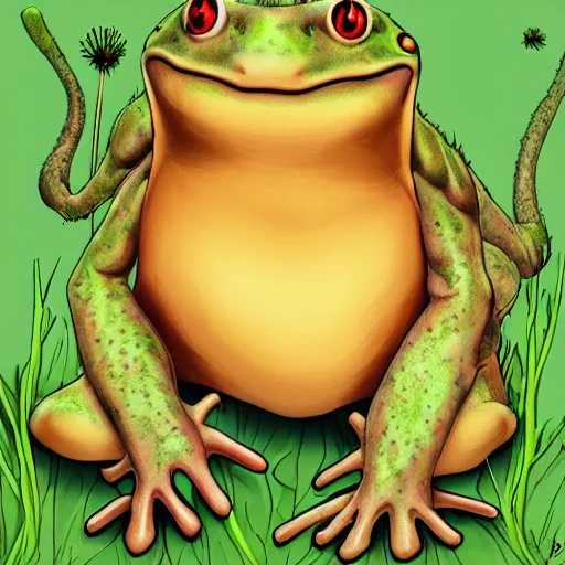 Image similar to Dandelion frog monster, semi realistic, anime art style, trending on art station