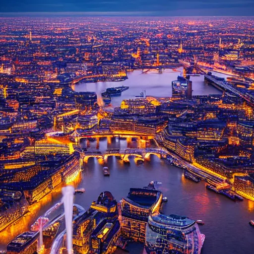 Image similar to london on fire aerial view volumetric lighting