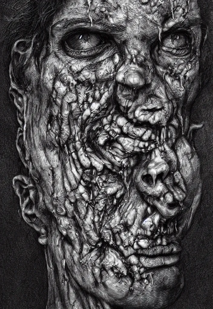 Prompt: extreme closeup portrait of a zombie face made of people, creepy atmosphere, dark, portrait, very realistic, illustration by gustave dore