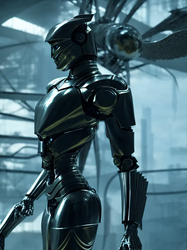 Image similar to film still of a mechanical angel in a marvel movie, science fiction industrial hard science concept art, 8K render octane high definition cgsociety, photorealistic, unreal engine 5