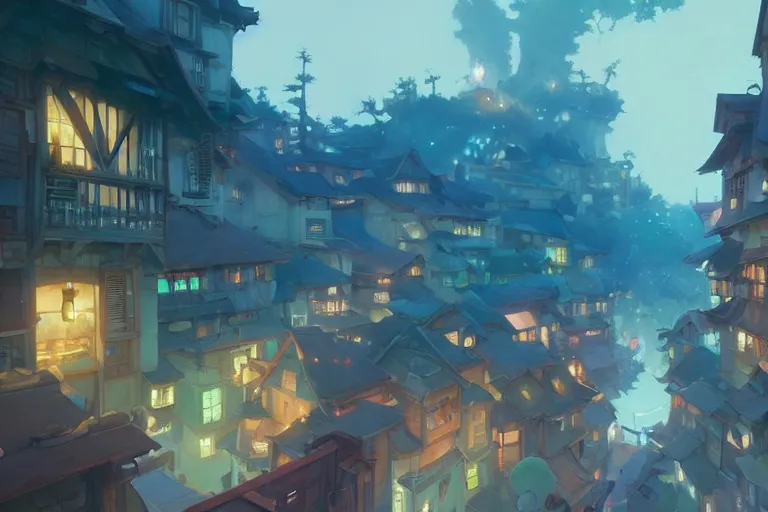 Image similar to fantasy town novigrad, cory loftis, james gilleard, atey ghailan, makoto shinkai, goro fujita, studio ghibli, rim light, exquisite lighting, clear focus, very coherent, plain background, soft painting