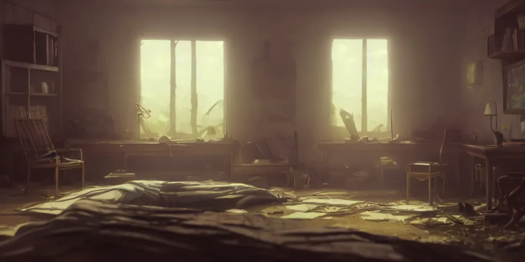 Prompt: a wholesome animation key shot of a post apocalyptic presidential room, covered by nature hipster vibes by studio ghibli, animation, sharp, rendered in unreal engine 5, focused, anime key art by greg rutkowski, bloom, dramatic lighting