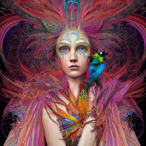 Image similar to A reality bending psychedelic ayahuasca experience, colorful, distorted, surreal, tropical bird feathers, dramatic lighting on the face, intricate lace, elegant fabric, highly detailed jewelry, digital painting, concept art, smooth, sharp focus, illustration, art by Krenz Cushart and Wayne Barlowe and alphonse mucha