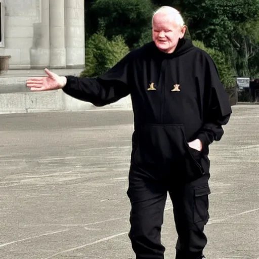 Image similar to john paul ii standing in a black hoodie, black cargo pants and high black boots