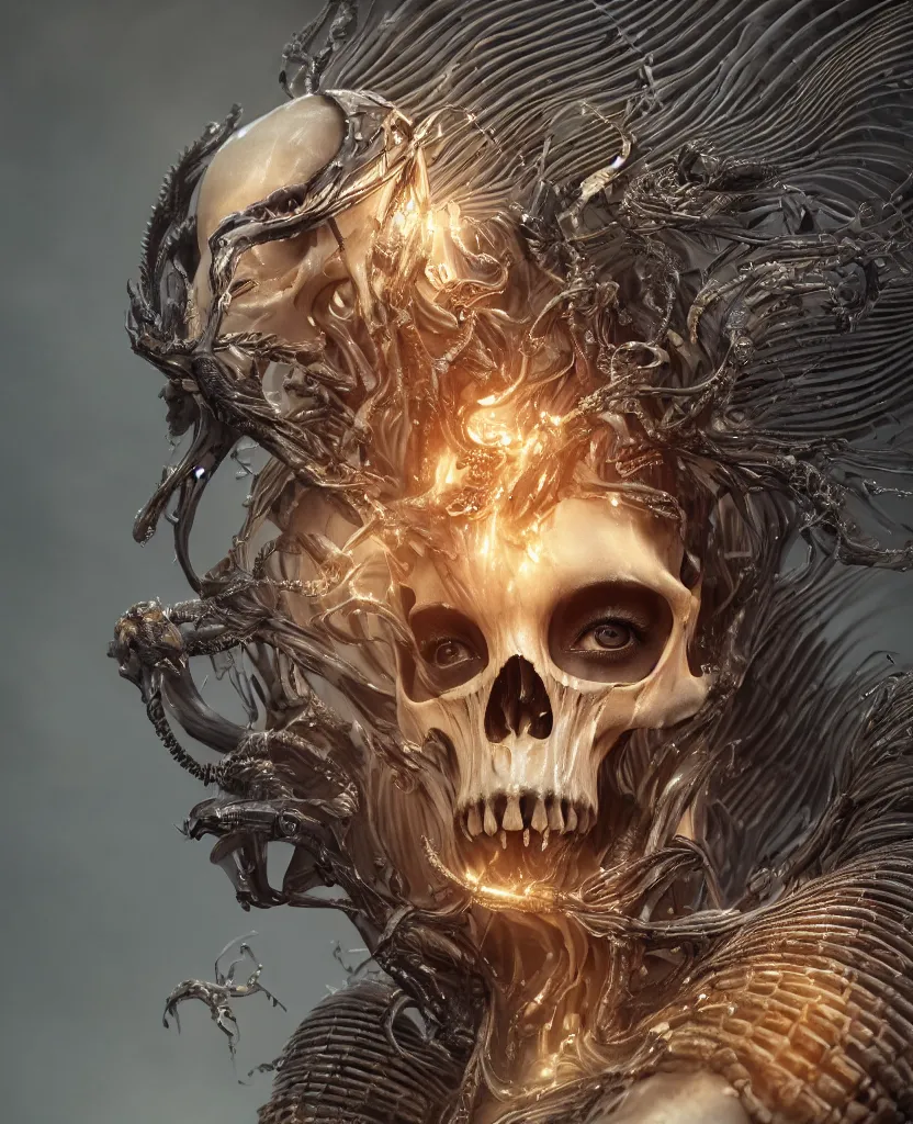 Prompt: close-up macro portrait of the face of a beautiful princess with animal skull mask and ribcage, epic angle and pose, symmetrical artwork, 3d with depth of field, blurred background, cybernetic jellyfish female face skull phoenix bird, translucent, nautilus, energy flows of water and fire. a highly detailed epic cinematic concept art CG render. made in Maya, Blender and Photoshop, octane render, excellent composition, cinematic dystopian brutalist atmosphere, dynamic dramatic cinematic lighting, aesthetic, very inspirational, arthouse. y Greg Rutkowski, Ilya Kuvshinov, WLOP, Stanley Artgerm Lau, Ruan Jia and Fenghua Zhong