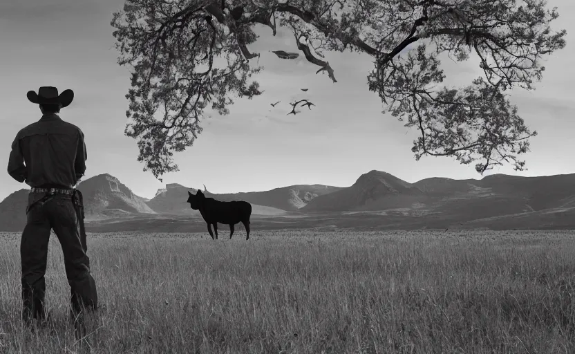 Prompt: silhouette of a cowboy watching over his cattle in a valley background. in the style of ansel adams, photorealistic, ornately detailed, 4 k