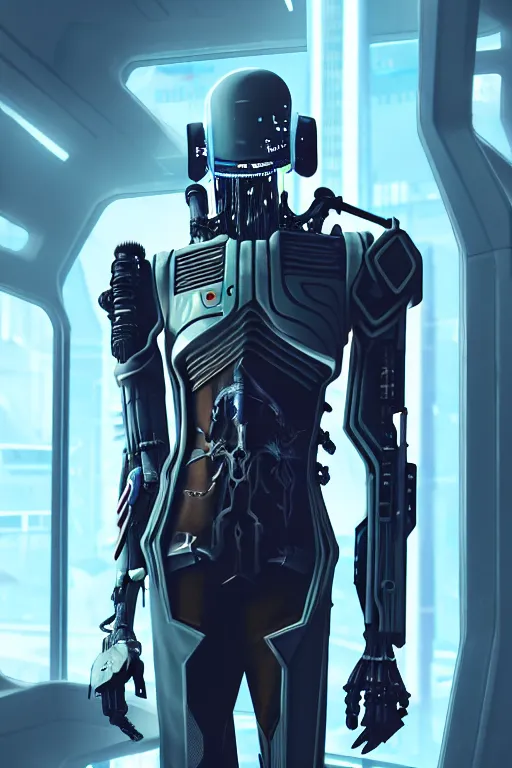 Image similar to futuristic portrait art of a cyberpunk general grievous, futuristic style general grievous, cyberpunk, game screenshot from cyberpunk 2 0 7 7