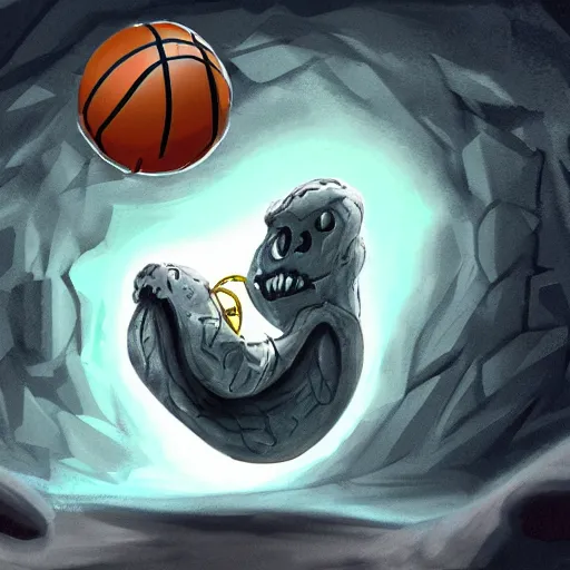 Prompt: a mimic jumping out of it's disguise as a basketball inside of a cave gnarling it's teeth ready to attack, fantasy, digital painting